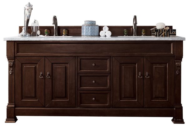 Brookfield 72 inch Double Bathroom Vanity in Burnished Mahogany With Eternal Marfil Quartz Top