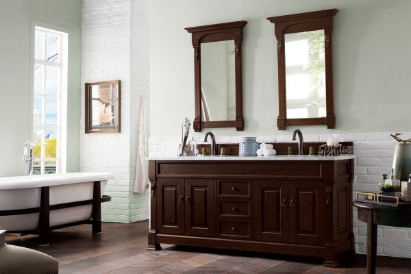 Brookfield 72 inch Double Bathroom Vanity in Burnished Mahogany With Carrara Marble Top 