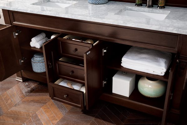 Brookfield 72 inch Double Bathroom Vanity in Burnished Mahogany With Carrara Marble Top 