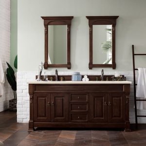 Brookfield 72 inch Double Bathroom Vanity in Burnished Mahogany With Eternal Marfil Quartz Top