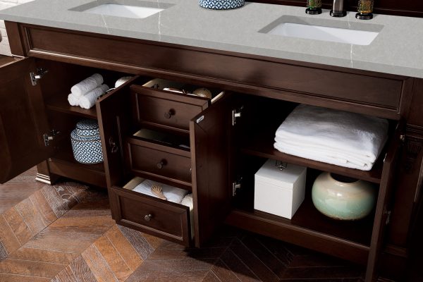 Brookfield 72 inch Double Bathroom Vanity in Burnished Mahogany With Eternal Serena Quartz Top