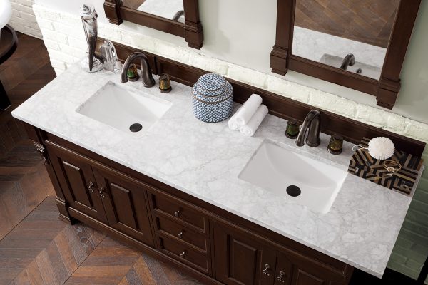 Brookfield 72 inch Double Bathroom Vanity in Burnished Mahogany With Carrara Marble Top 
