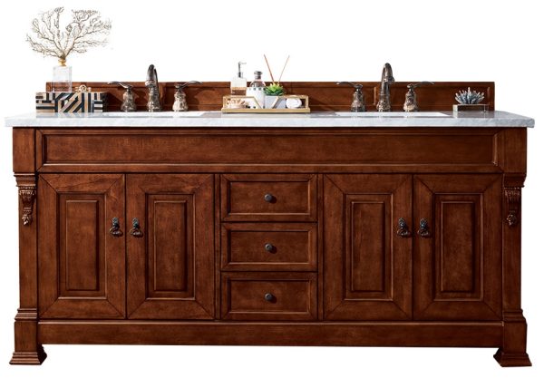 Brookfield 72 inch Double Bathroom Vanity in Warm Cherry With Eternal Serena Quartz Top