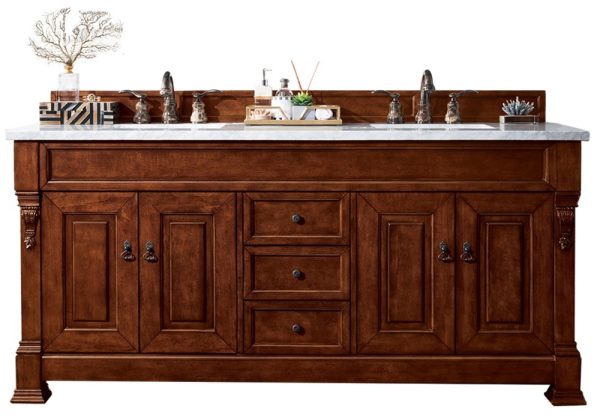 Brookfield 72 inch Double Bathroom Vanity in Warm Cherry With Carrara Marble Top Top