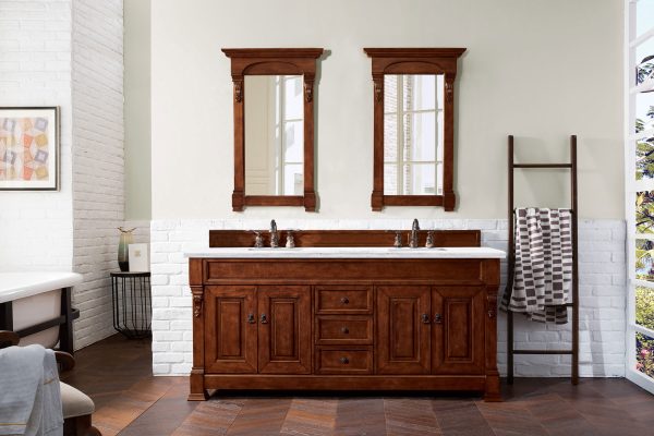 Brookfield 72 inch Double Bathroom Vanity in Warm Cherry With Arctic Fall Quartz Top