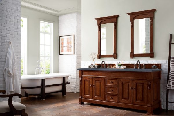 Brookfield 72 inch Double Bathroom Vanity in Warm Cherry With Charcoal Soapstone Quartz Top