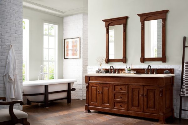 Brookfield 72 inch Double Bathroom Vanity in Warm Cherry With Eternal Marfil Quartz Top