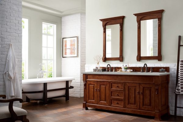 Brookfield 72 inch Double Bathroom Vanity in Warm Cherry With Eternal Serena Quartz Top