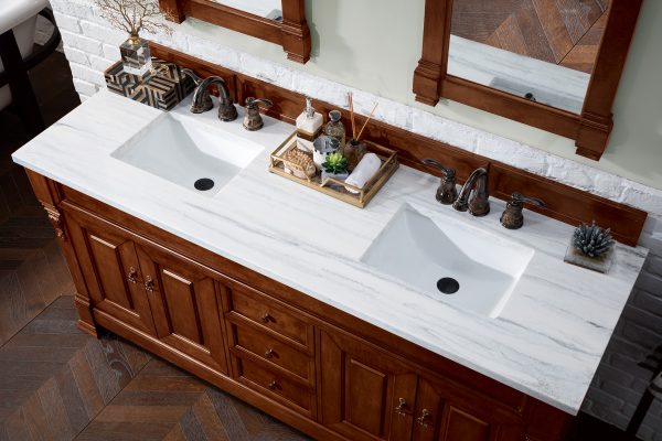 Brookfield 72 inch Double Bathroom Vanity in Warm Cherry With Arctic Fall Quartz Top