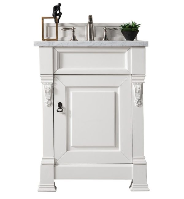 Brookfield 26 inch Bathroom Vanity in Bright White With Carrara Marble Top Top