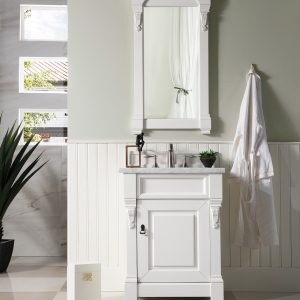 Brookfield 26 inch Bathroom Vanity in Bright White With Carrara Marble Top Top