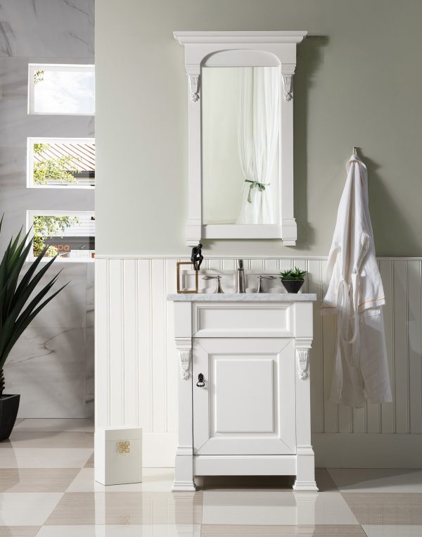 Brookfield 26 inch Bathroom Vanity in Bright White With Carrara Marble Top Top