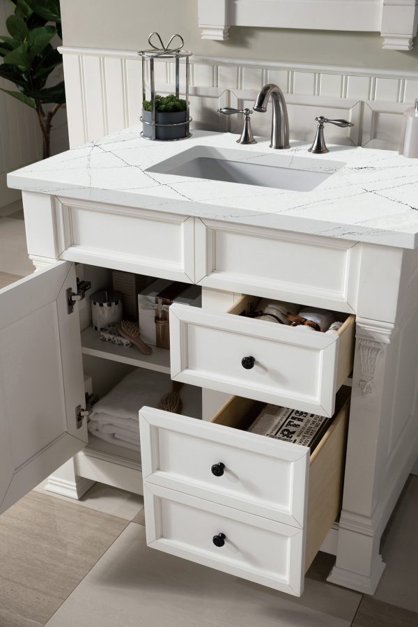 Brookfield 36 inch Bathroom Vanity in Bright White With Ethereal Noctis Quartz Top