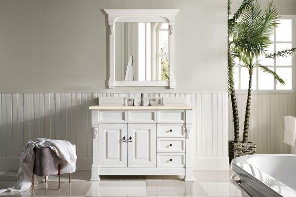 Brookfield 48 inch Bathroom Vanity in Bright White With Eternal Marfil Quartz Top