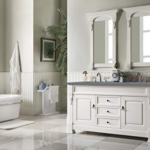 Brookfield 60 inch Double Bathroom Vanity in Bright White With Cala Blue Quartz Top