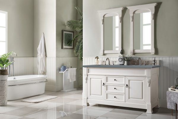 Brookfield 60 inch Double Bathroom Vanity in Bright White With Cala Blue Quartz Top