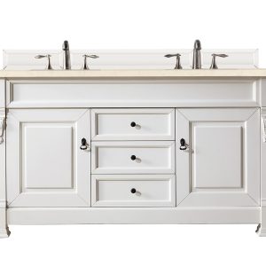 Brookfield 60 inch Double Bathroom Vanity in Bright White With Eternal Marfil Quartz Top