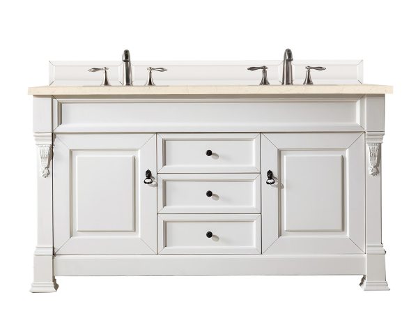 Brookfield 60 inch Double Bathroom Vanity in Bright White With Eternal Marfil Quartz Top