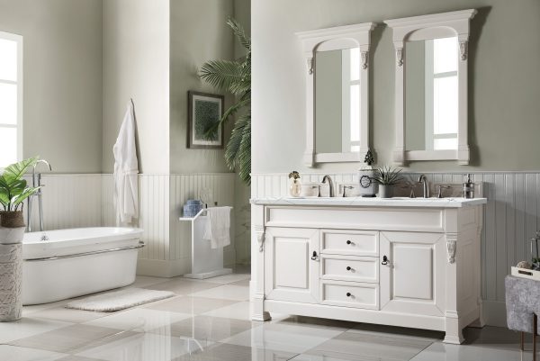 Brookfield 60 inch Double Bathroom Vanity in Bright White With Ethereal Noctis Quartz Top