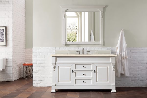 Brookfield 60 inch Single Bathroom Vanity in Bright White With Eternal Marfil Quartz Top