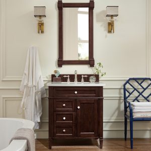 Brittany 30 inch Bathroom Vanity in Burnished Mahogany With Carrara Marble Top Top