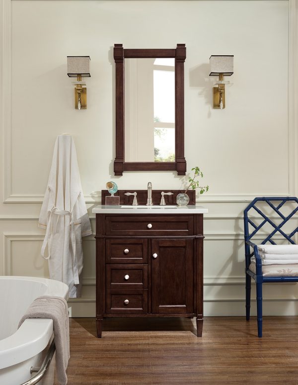 Brittany 30 inch Bathroom Vanity in Burnished Mahogany With Carrara Marble Top Top