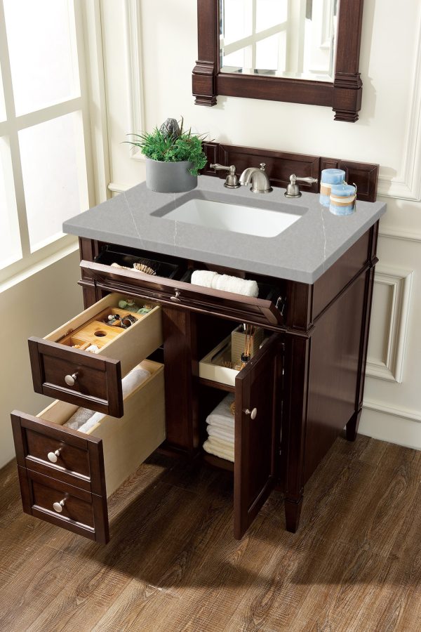 Brittany 30 inch Bathroom Vanity in Burnished Mahogany With Eternal Serena Quartz Top