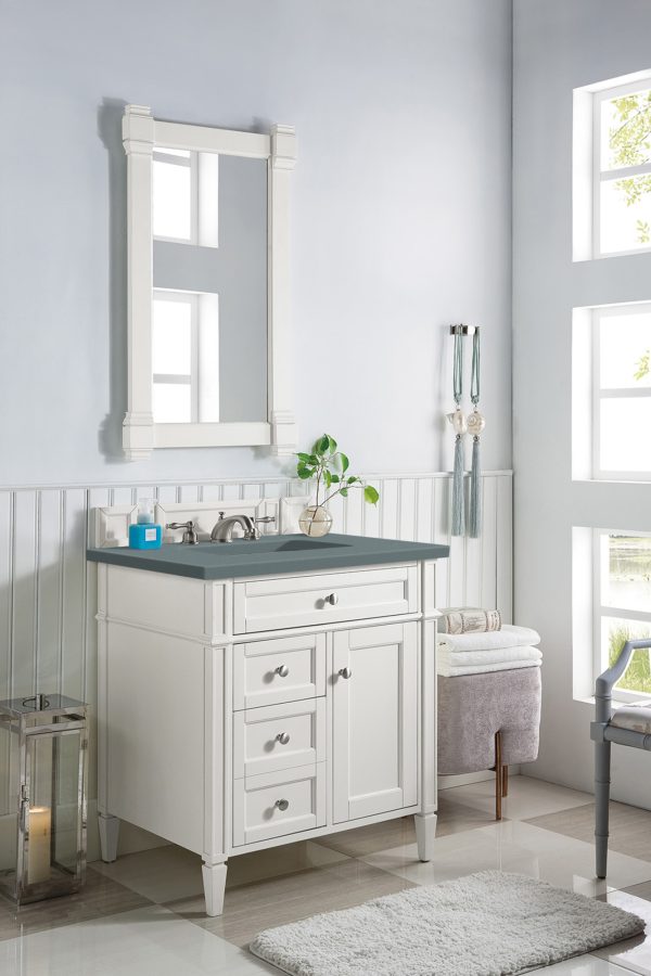 Brittany 30 inch Bathroom Vanity in Bright White With Cala Blue Quartz Top