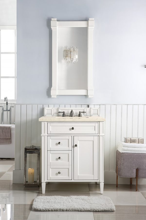 Brittany 30 inch Bathroom Vanity in Bright White With Eternal Marfil Quartz Top