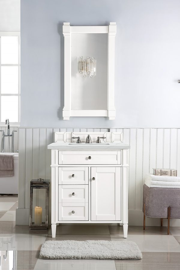 Brittany 30 inch Bathroom Vanity in Bright White With Ethereal Noctis Quartz Top