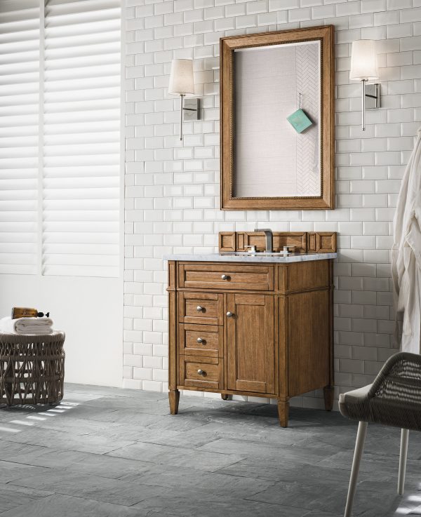 Brittany 30 inch Bathroom Vanity in Saddle Brown With Arctic Fall Quartz Top
