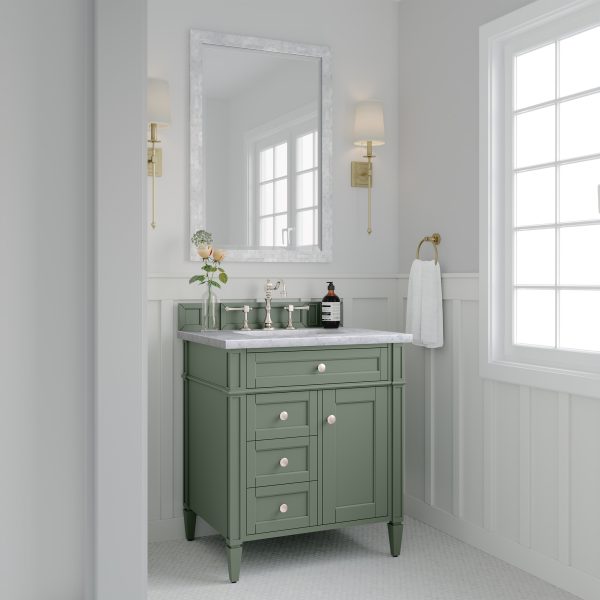 Brittany 30 inch Bathroom Vanity in Smokey Celadon With Carrara Marble Top 