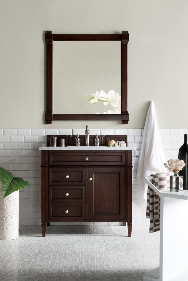 Brittany 36 inch Bathroom Vanity in Burnished Mahogany With Carrara Marble Top