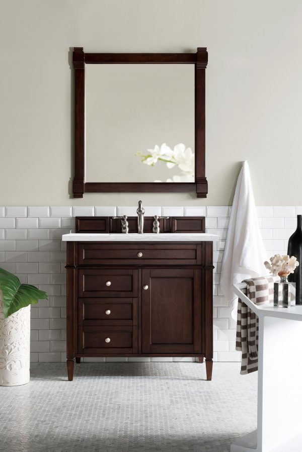 Brittany 36 inch Bathroom Vanity in Burnished Mahogany With Arctic Fall Quartz Top