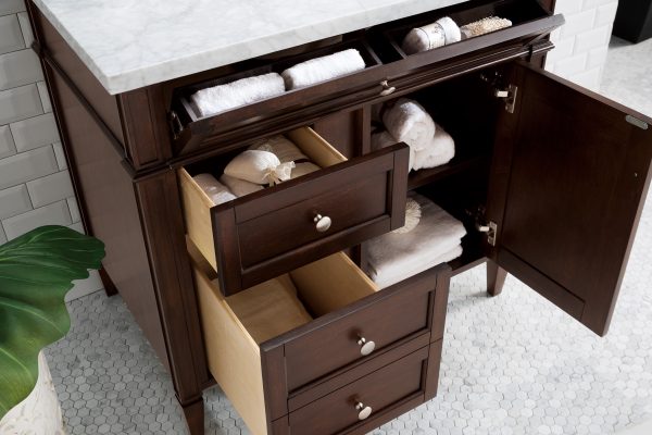 Brittany 36 inch Bathroom Vanity in Burnished Mahogany With Carrara Marble Top