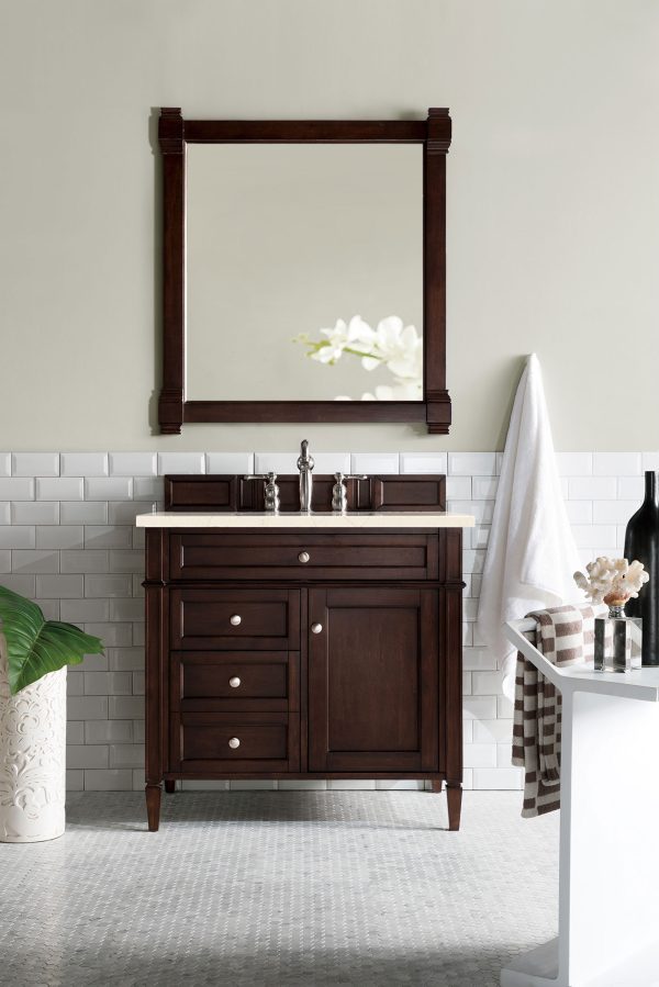Brittany 36 inch Bathroom Vanity in Burnished Mahogany With Eternal Marfil Quartz Top