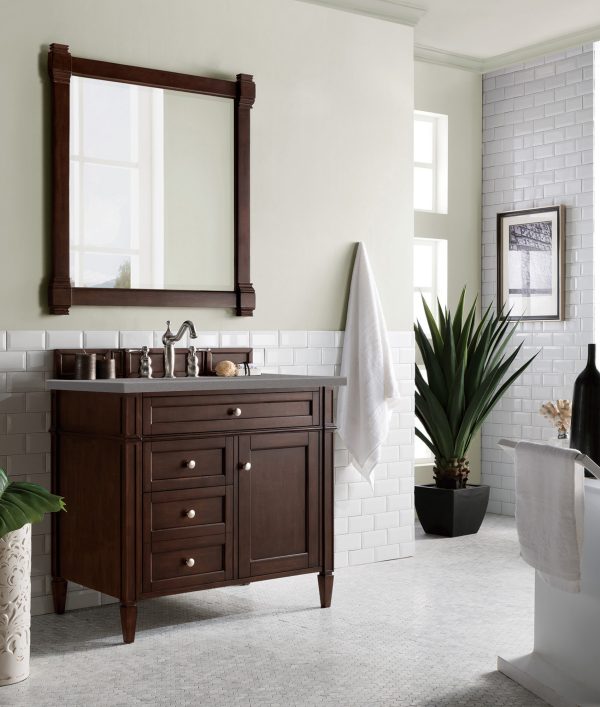 Brittany 36 inch Bathroom Vanity in Burnished Mahogany With Grey Expo Quartz Top