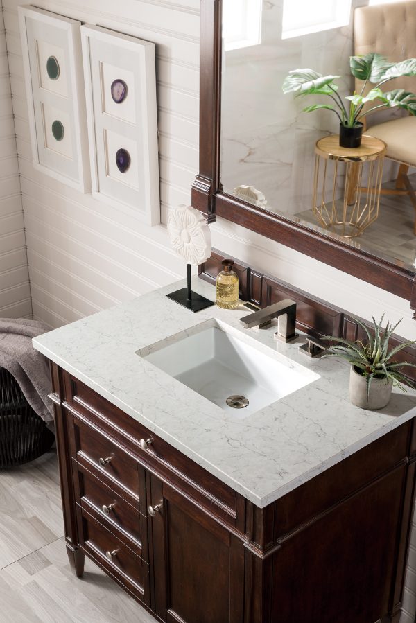 Brittany 36 inch Bathroom Vanity in Burnished Mahogany With Eternal Jasmine Pearl Quartz Top