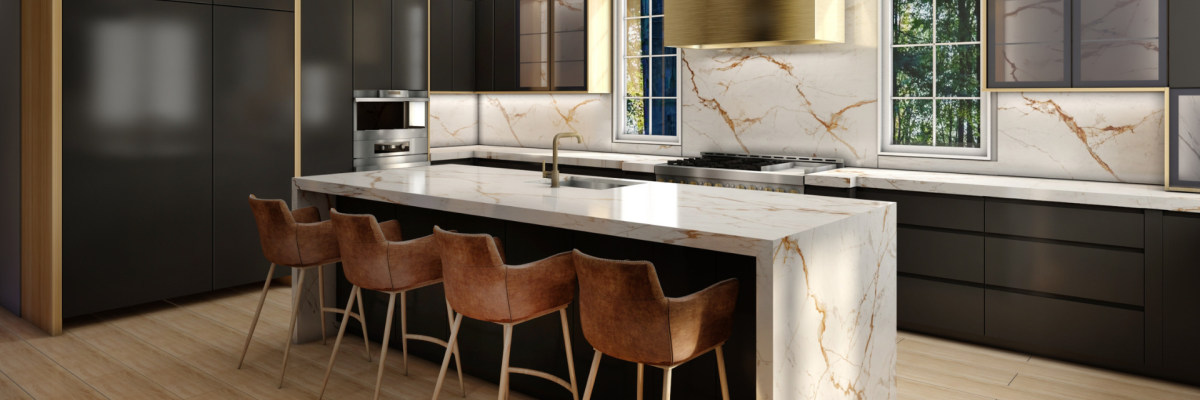 Anve Kitchen Modern Anve Kitchen with black cabinets, marble countertops and backsplash, an island with four brown suede barstools, pendant lighting, gold fixtures, wood flooring, and large windows letting in natural light.
