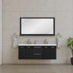 Modern bathroom with the Ripley 60 Inch Wall-Mounted Double Bathroom Vanity With Sink - Black, a large rectangular mirror, silver faucets, towel rings with white towels on each side, and a potted plant in the corner.