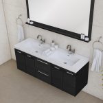 A modern bathroom showcases the Ripley 60 Inch Wall-Mounted Double Bathroom Vanity With Sink - Black, complemented by two faucets, white countertop, large mirror, rolled towels, soap dispensers, and towel rings with white towels on beige tiles.