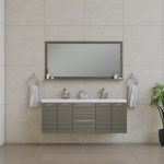 Modern bathroom featuring the Ripley 60 Inch Wall-Mounted Double Bathroom Vanity With Sink - Black, a large horizontal mirror, beige tiled walls, two hand towels on rings, and a potted plant in the corner.