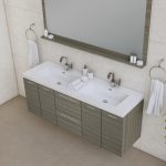 Modern bathroom featuring the Ripley 60 Inch Wall-Mounted Double Bathroom Vanity With Sink - Black, sleek gray cabinets, dual faucets, a large mirror, neatly arranged toiletries on the countertop, and towels on each side.