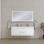 Modern bathroom with beige tiled walls, a large mirror above the Ripley 60 Inch Wall Mounted Double Bathroom Vanity featuring two sinks and silver faucets. Gray towels hang on each side, and a potted plant rests on the right side of the floor.