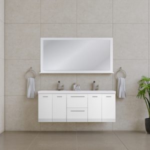 Modern bathroom with beige tiled walls, a large mirror above the Ripley 60 Inch Wall Mounted Double Bathroom Vanity featuring two sinks and silver faucets. Gray towels hang on each side, and a potted plant rests on the right side of the floor.