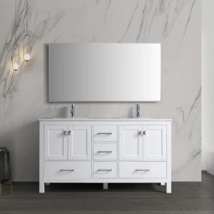Vanea 60" Double Bathroom Vanity in White with White Quartz Top