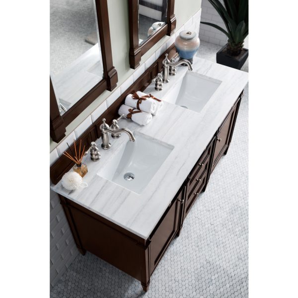 Brittany 60" Double Vanity in Burnished Mahogany with Arctic Fall Solid Surface Top