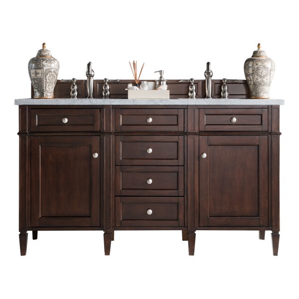 Brittany 60" Double Vanity in Burnished Mahogany with Carrara Marble Top