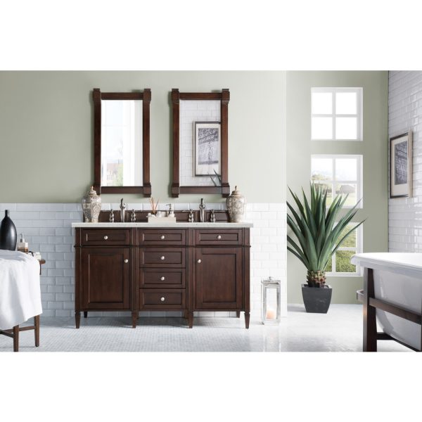 Brittany 60" Double Vanity in Burnished Mahogany with Eternal Jasmine Pearl Quartz Top