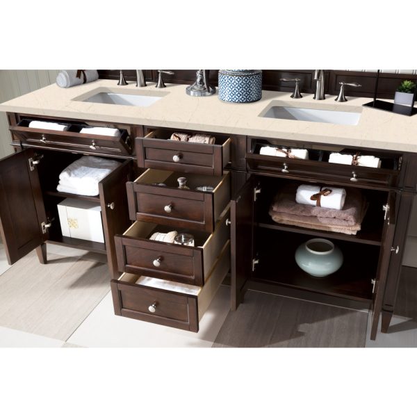 Brittany 72" Double Vanity in Burnished Mahogany with Eternal Marfil Quartz Top